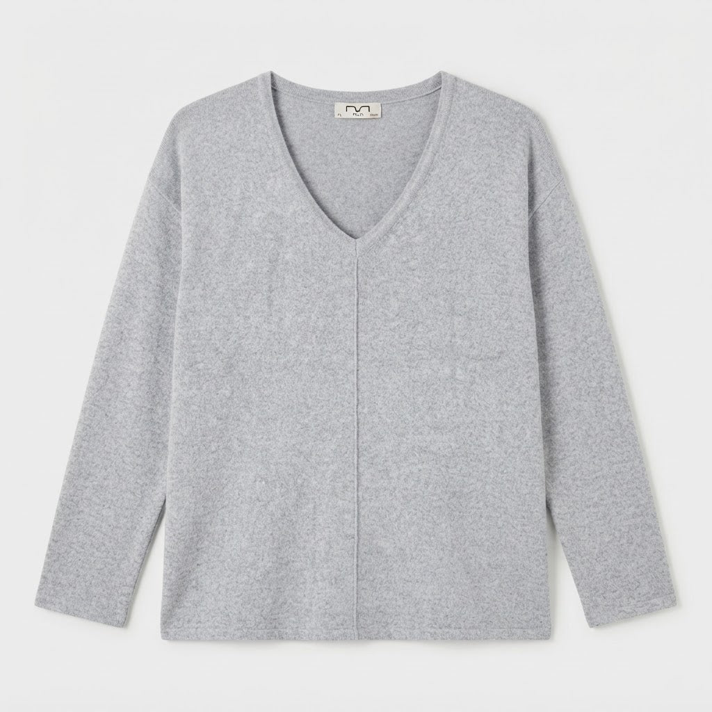[WearU Generated:merch_clean_front] Grey Heathered Knit Jersey Boxy V-Neck Top – front view