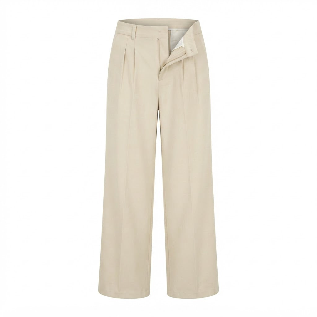 Women's Beige High-Waisted Wide-Leg Trousers