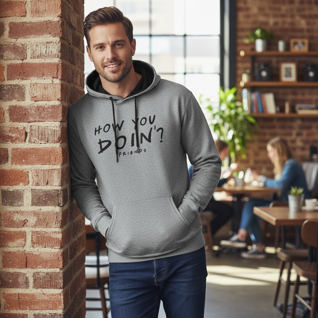 Friends Men's Grey How You Doin' Graphic Cotton Hoodie