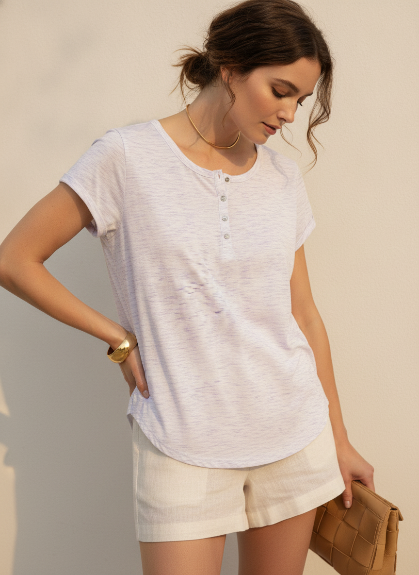 B Collection Lavender Space-Dye Henley T-Shirt with Cap Slee
