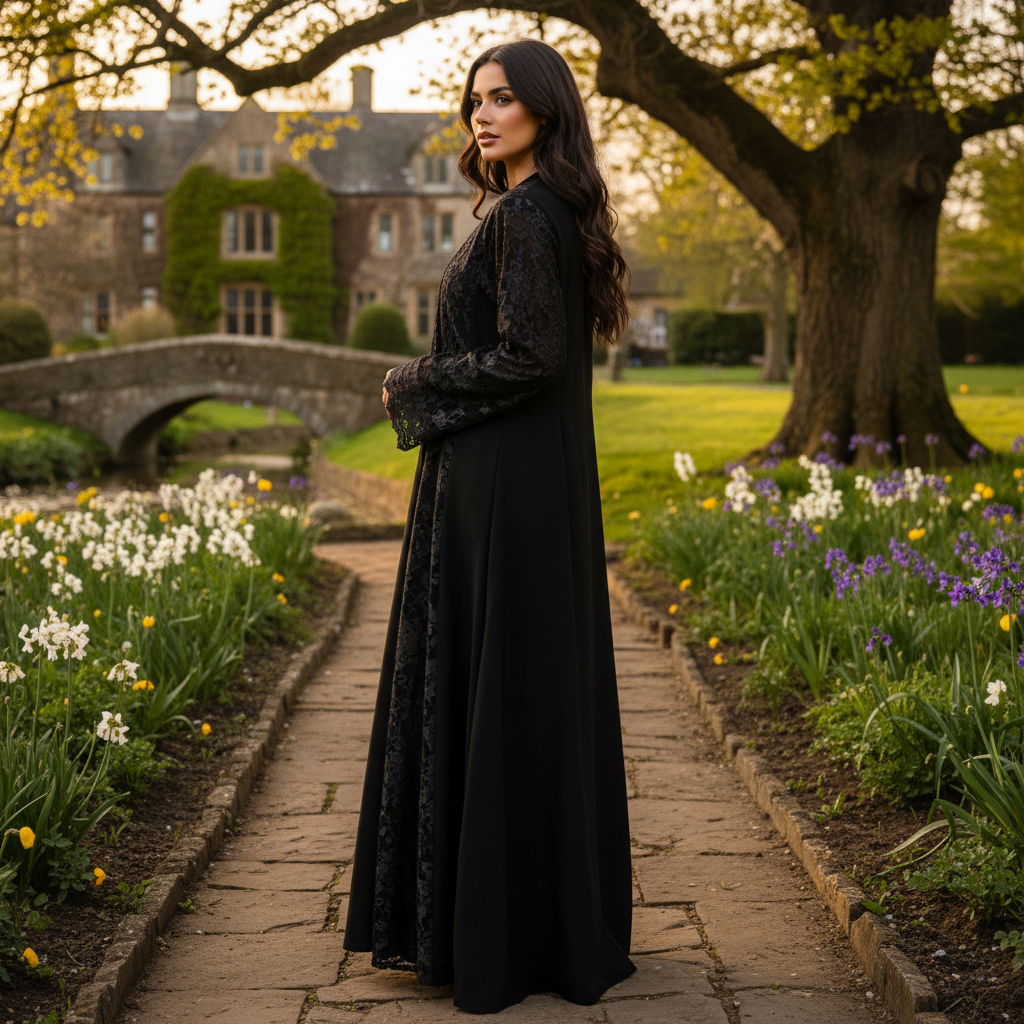 Elegant Black Abaya with Lace Panels and Sequins