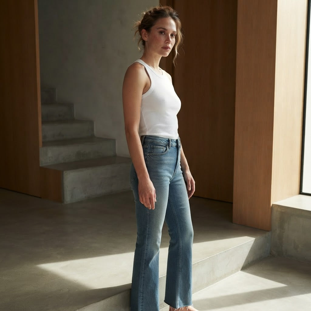 BERSHKA Mid-Blue High-Rise Long Flare Jeans with Raw Hem