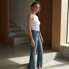 BERSHKA Mid-Blue High-Rise Long Flare Jeans with Raw Hem