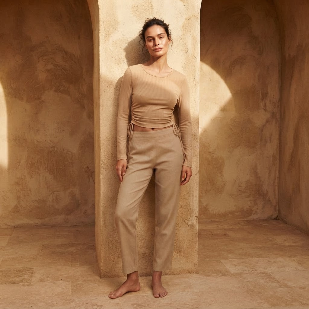 SHEIN Sandy Beige Ribbed Long-Sleeve Cropped Top with Side R