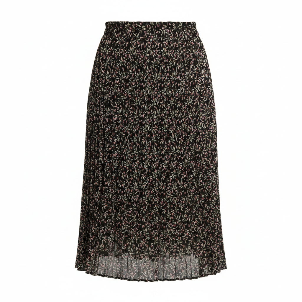 Women's Black Floral Pleated Midi Skirt