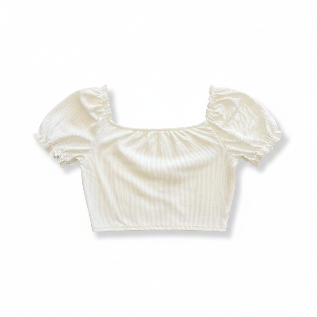 Women's White Ribbed Puff Sleeve Crop Top