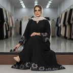 gant Black Embroidered Floral Lace-Trim Floor-Length Abaya
