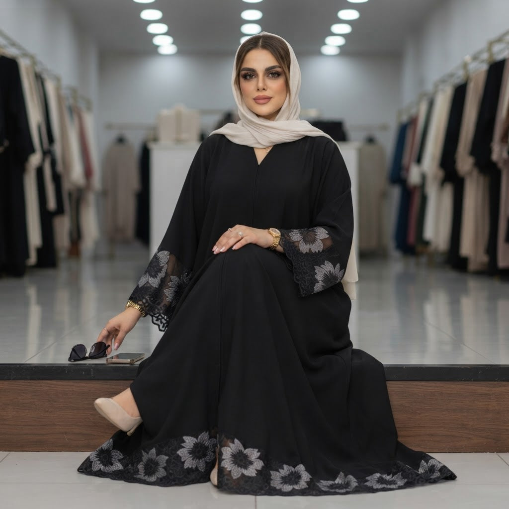 gant Black Embroidered Floral Lace-Trim Floor-Length Abaya