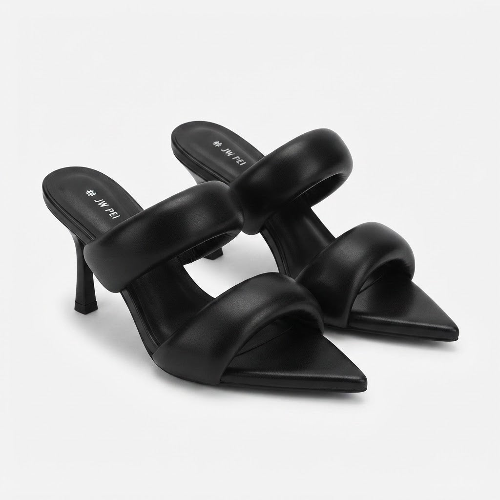 JW PEI Black Puffy Double Strap Pointed Toe Stiletto Mules