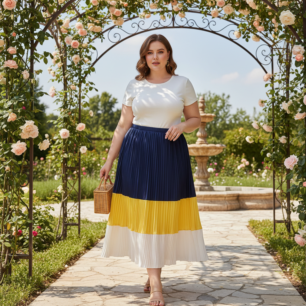 Women's Navy, Yellow and White Pleated Color-Block Midi Skirt
