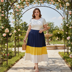 Women's Navy, Yellow and White Pleated Color-Block Midi Skirt