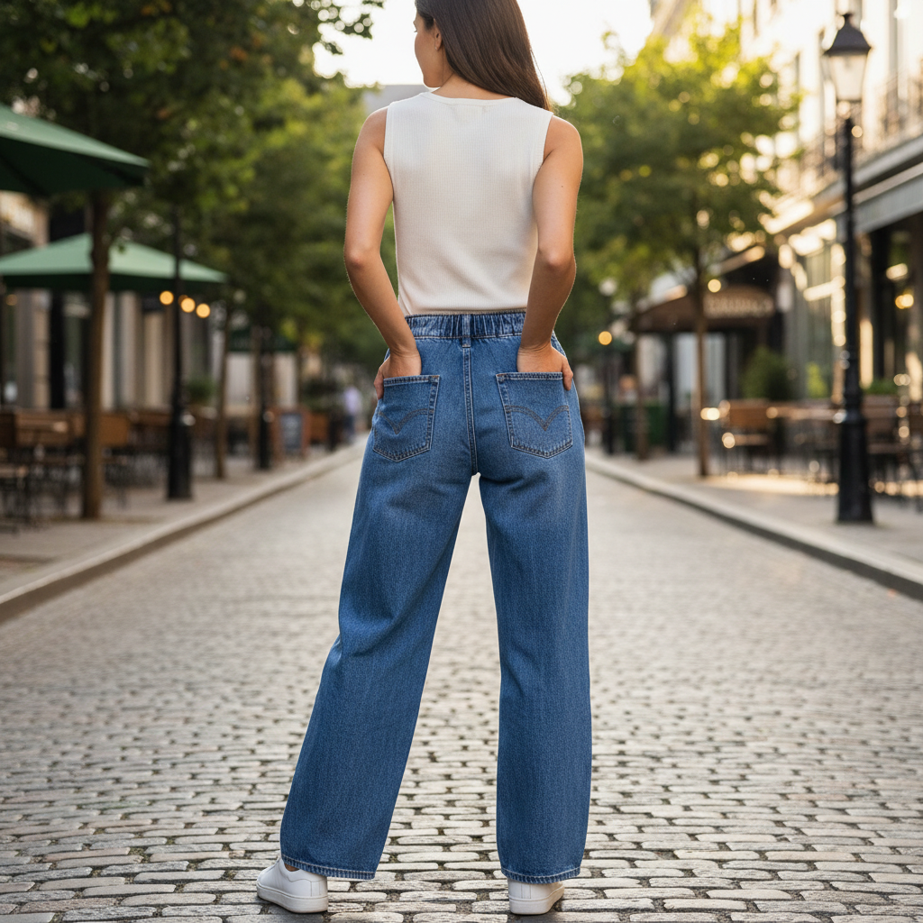 Women's Mid-Wash Blue Wide-Leg Denim Jeans