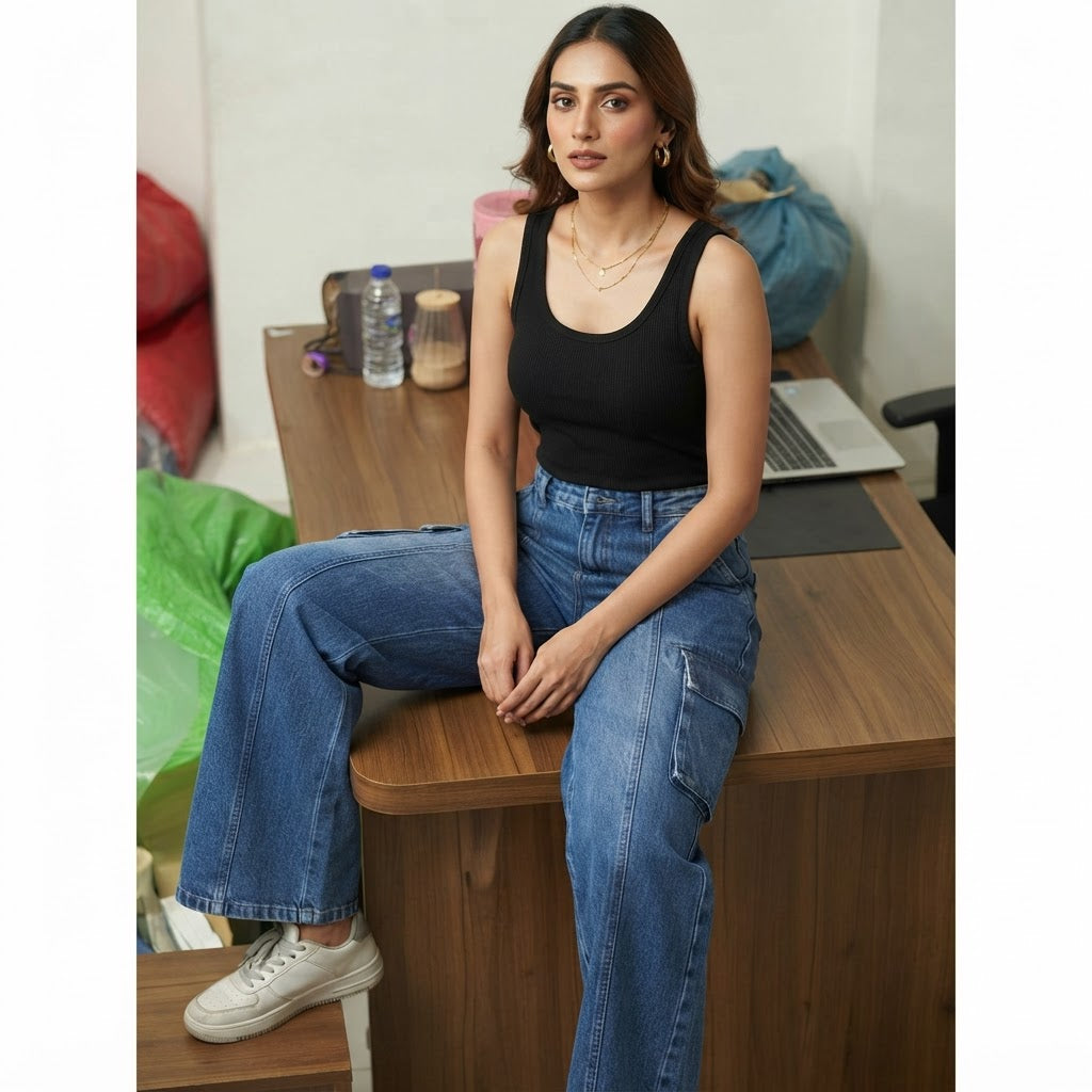Splash Splash Medium Blue Wide-Leg Cargo Jeans with Front Se