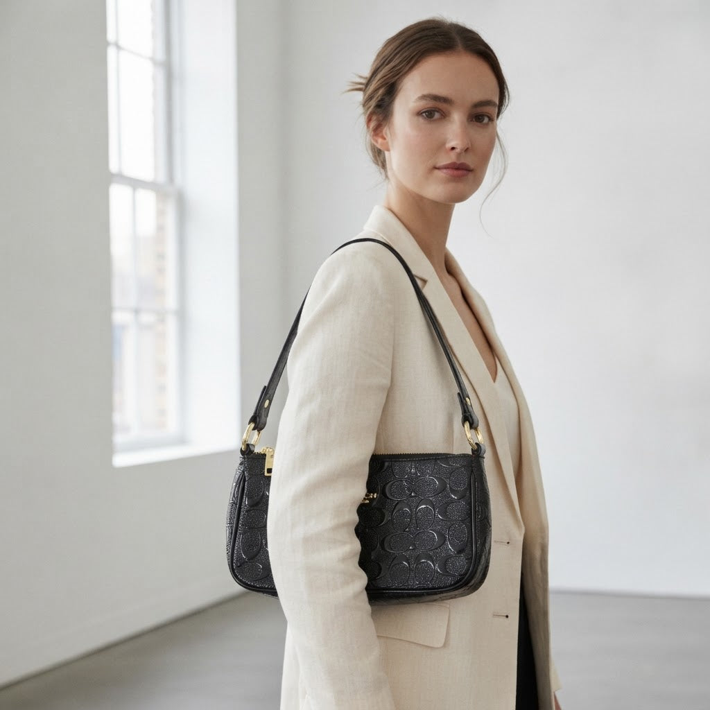 COACH NEW YORK Black Embossed Patent Leather Shoulder Bag