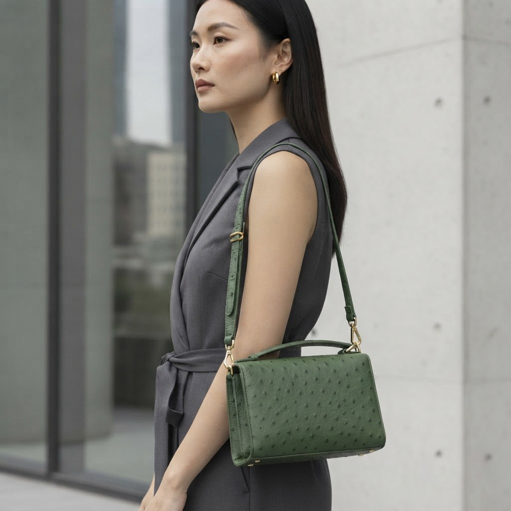 Forest Green Ostrich-Effect Crossbody Bag