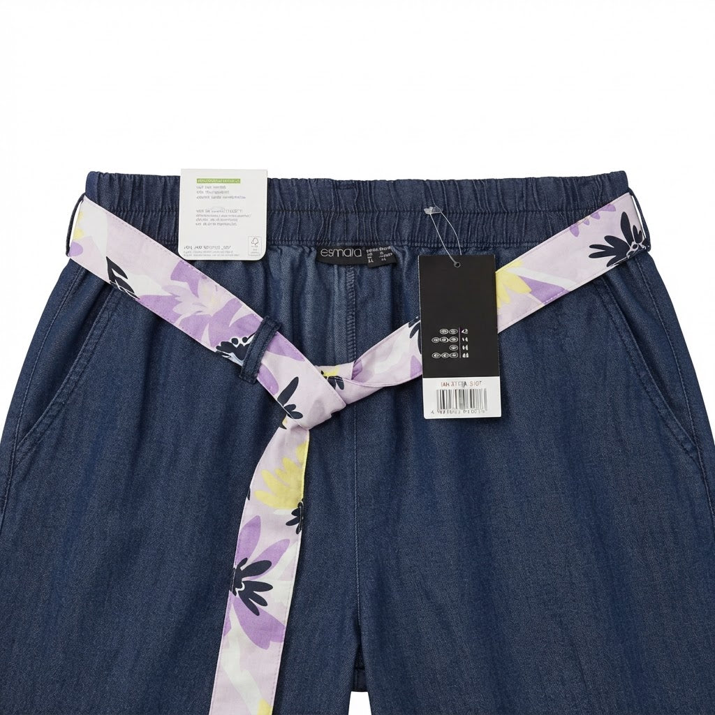 Women's Blue Chambray Shorts with Floral Tie Belt