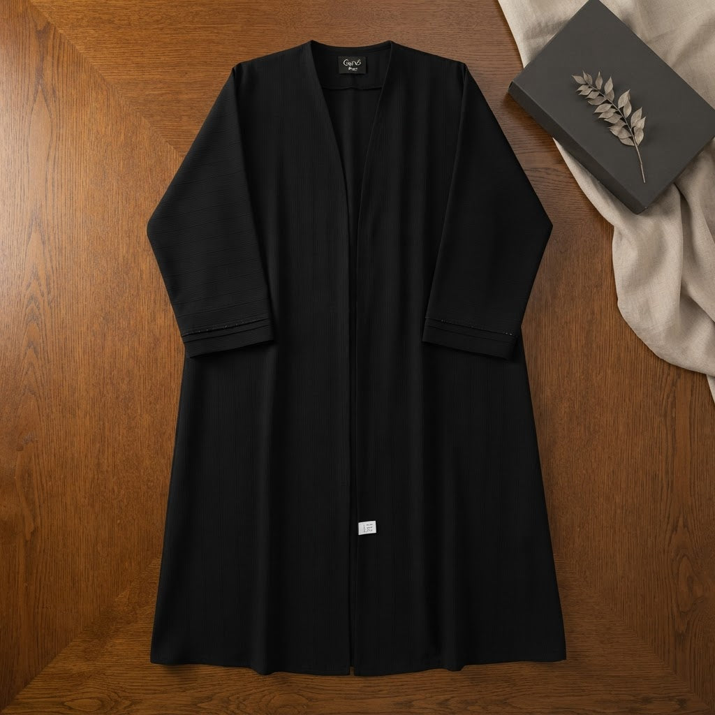Cervo Black Open-Front Abaya with Structured Banded Cuffs