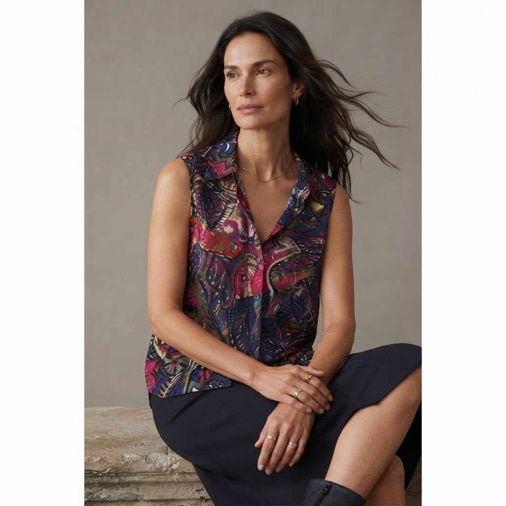 SHEIN Navy Multicolour Abstract Print Relaxed Rayon Blouse