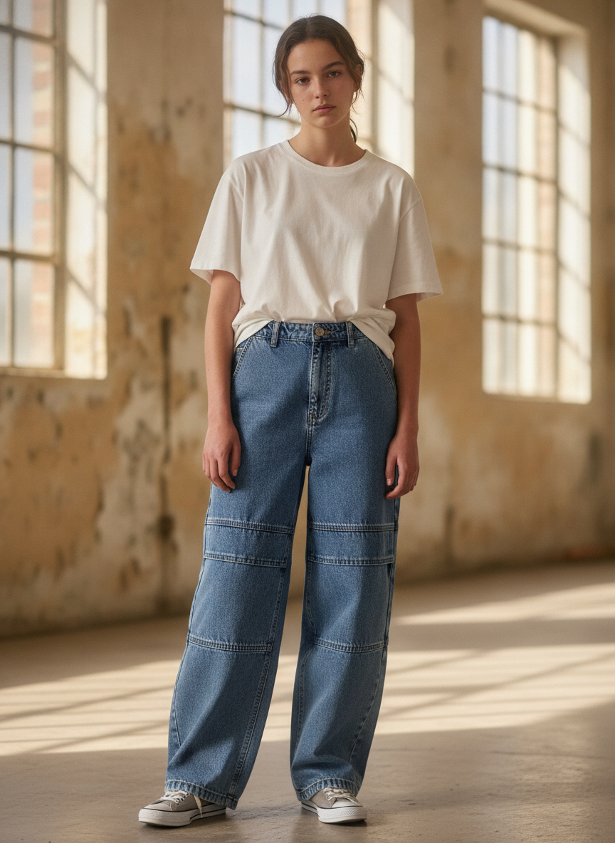 Rfâ Mid Blue Stonewash Skater Fit Wide Leg Panelled Jeans