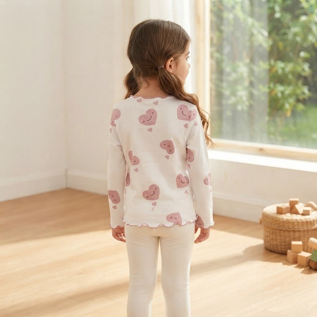 SHEIN White & Pink Heart Print Long-Sleeve Lettuce-Edge Top