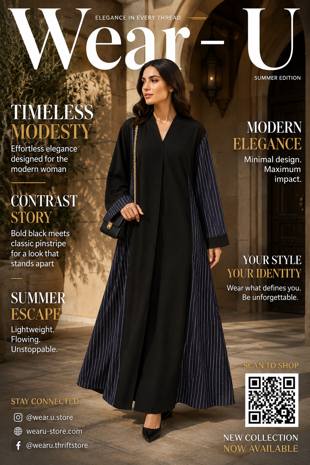 Size 54 Black & Navy Pinstripe Colour-Block Open Abaya