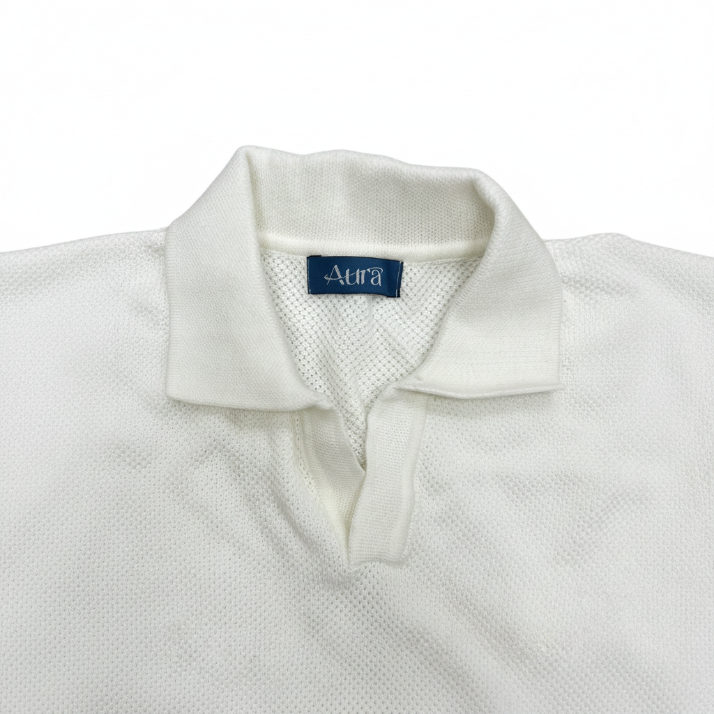 Aura White Textured Knit Johnny Collar Polo Shirt
