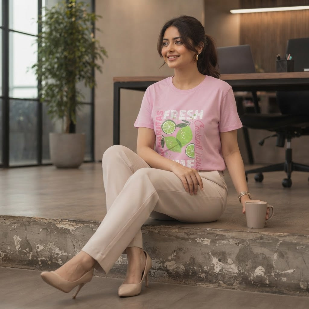 DECJUBA Baby Pink Graphic T-Shirt with Margarita Slogan