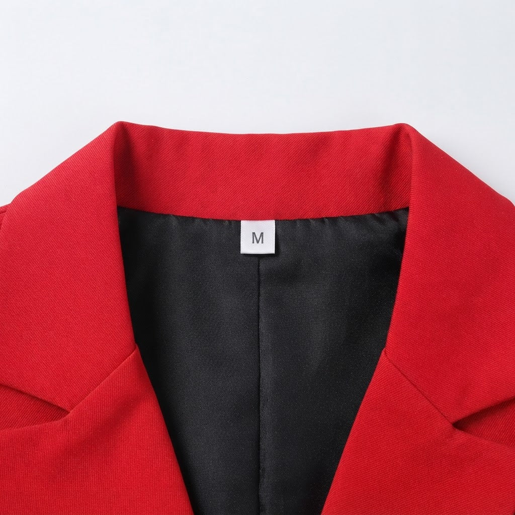 [WearU Generated:merch_detail] Bright Red Fitted Double-Breasted Tailored Blazer – merch detail