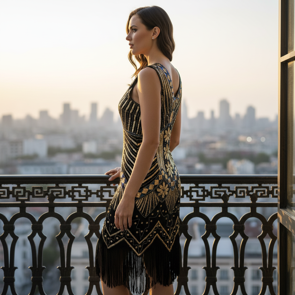 Women's Black & Gold Sequin Art Deco Flapper Dress