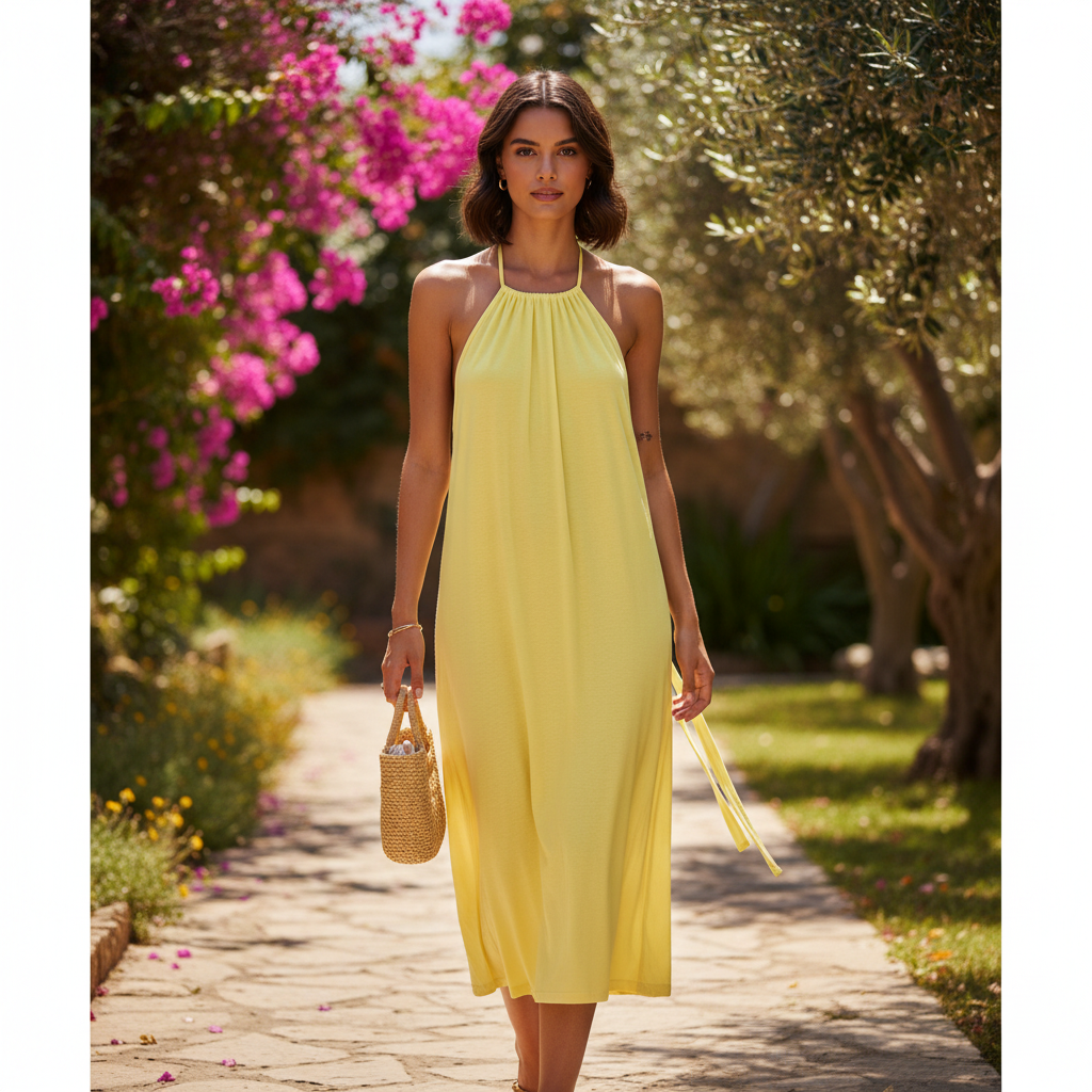 Women's Yellow Halter Neck Jersey Mini Dress