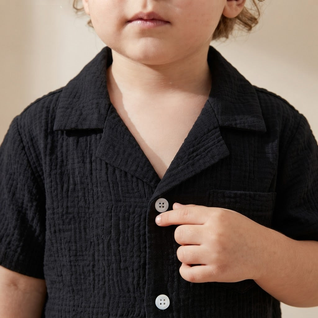 SHEIN SHEIN Black Crinkle Gauze Camp Collar Toddler Shirt