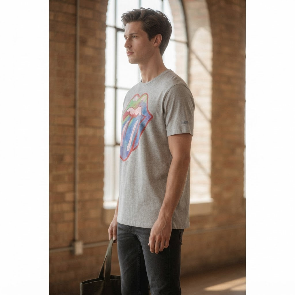 Springfield Heather Grey Graphic Tee with Multicolour Band L