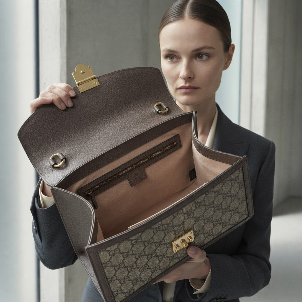 GUCCI Monogram Canvas Top Handle Bag with Web Stripe