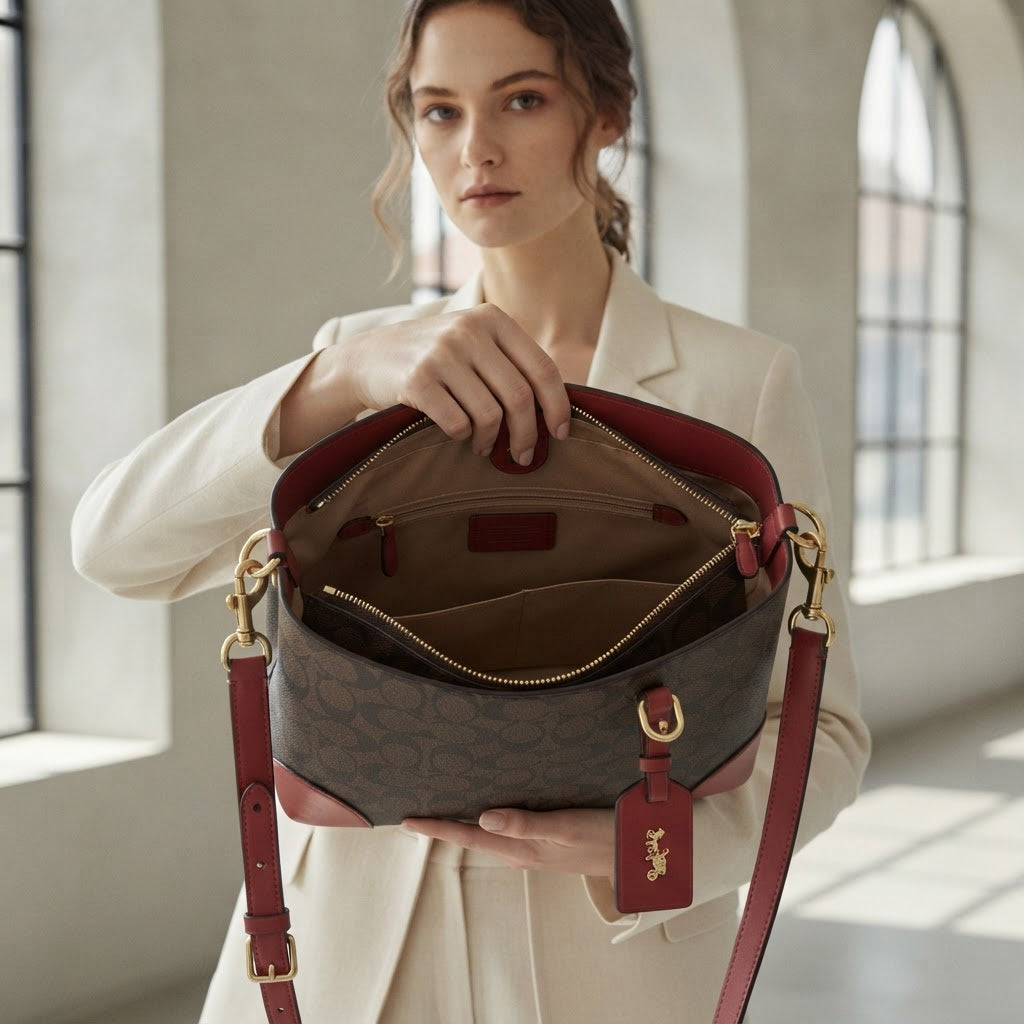 COACH LEATHERWARE Monogram Bucket Crossbody Bag with Red Tri