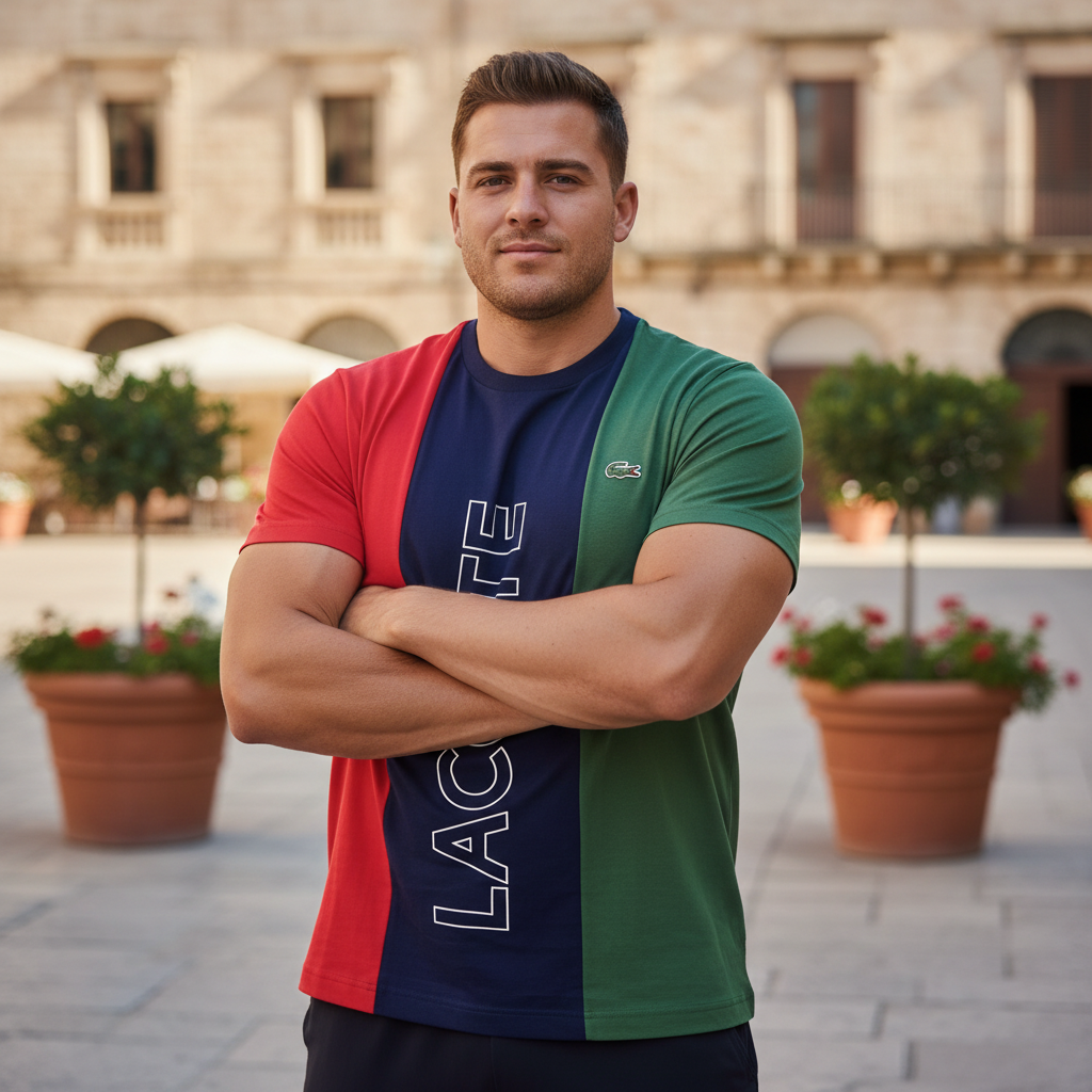 LACOSTE Men's Tri-Color Block Graphic Cotton T-Shirt