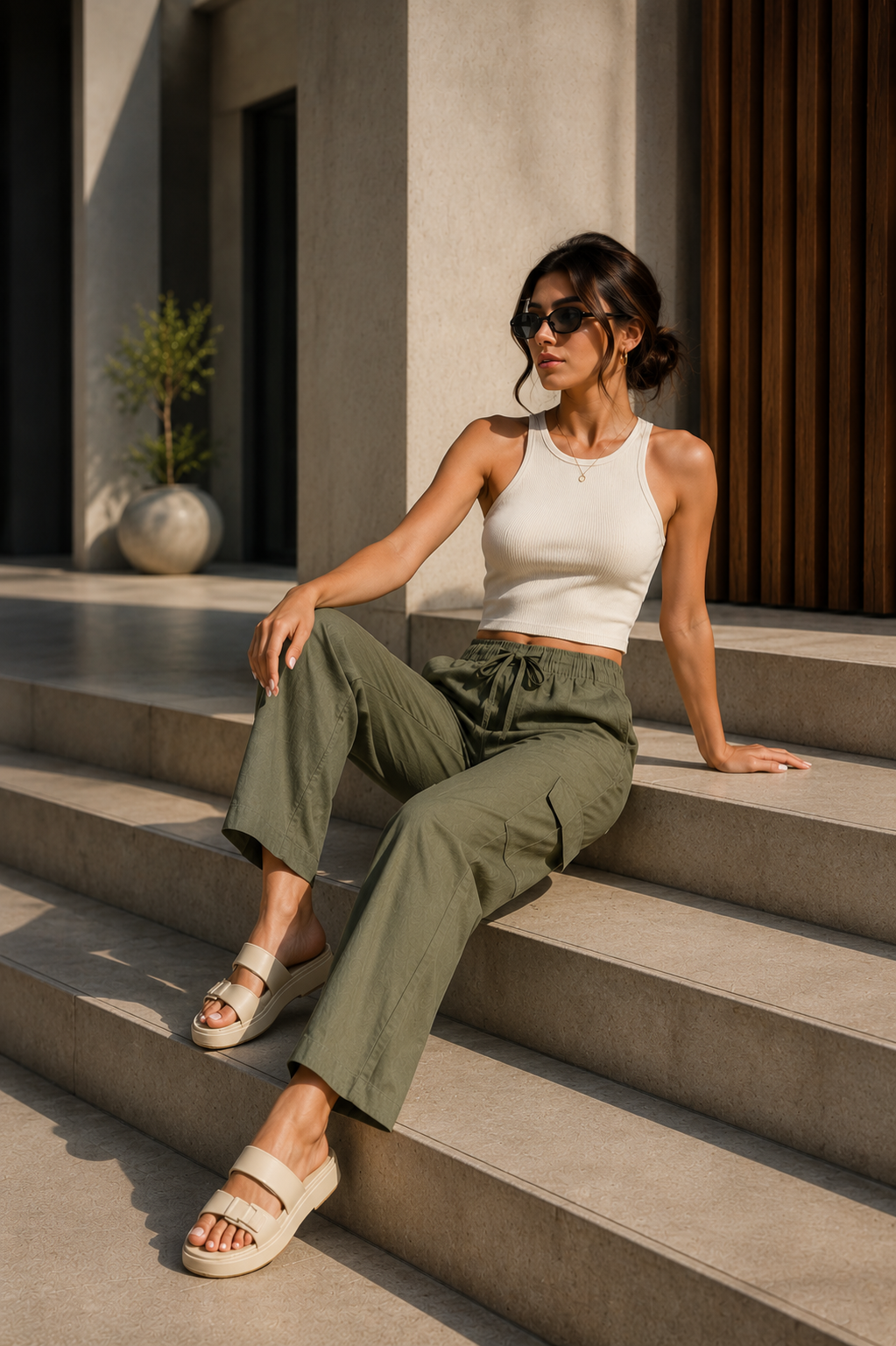 Women's Olive Green Linen Blend Cargo Trousers