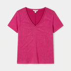 [WearU Generated:merch_clean_front] Cortefiel Fuchsia Linen Blend Straight V-Neck Top – front view