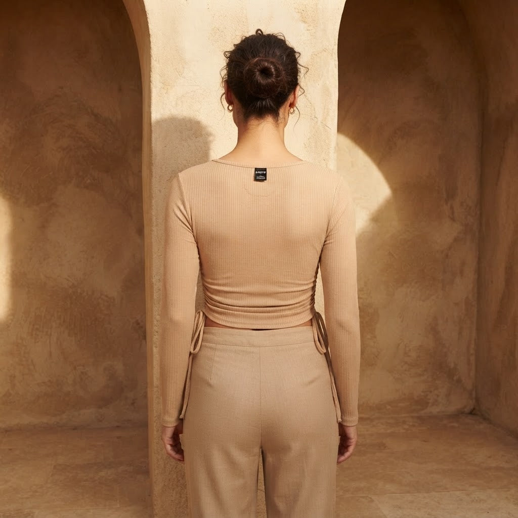 SHEIN Sandy Beige Ribbed Long-Sleeve Cropped Top with Side R