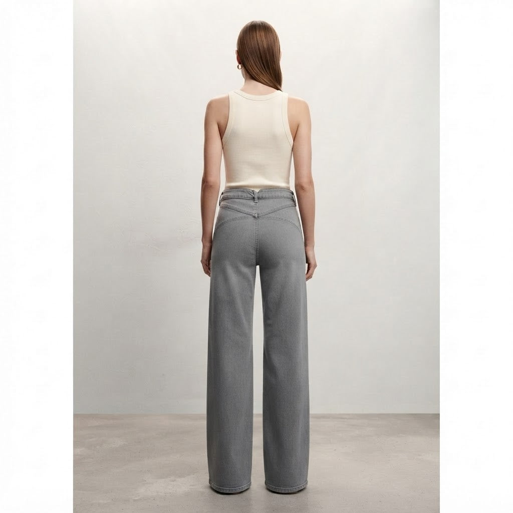 Mango Grey Wide-Leg Denim Jeans with Architectural Waistband