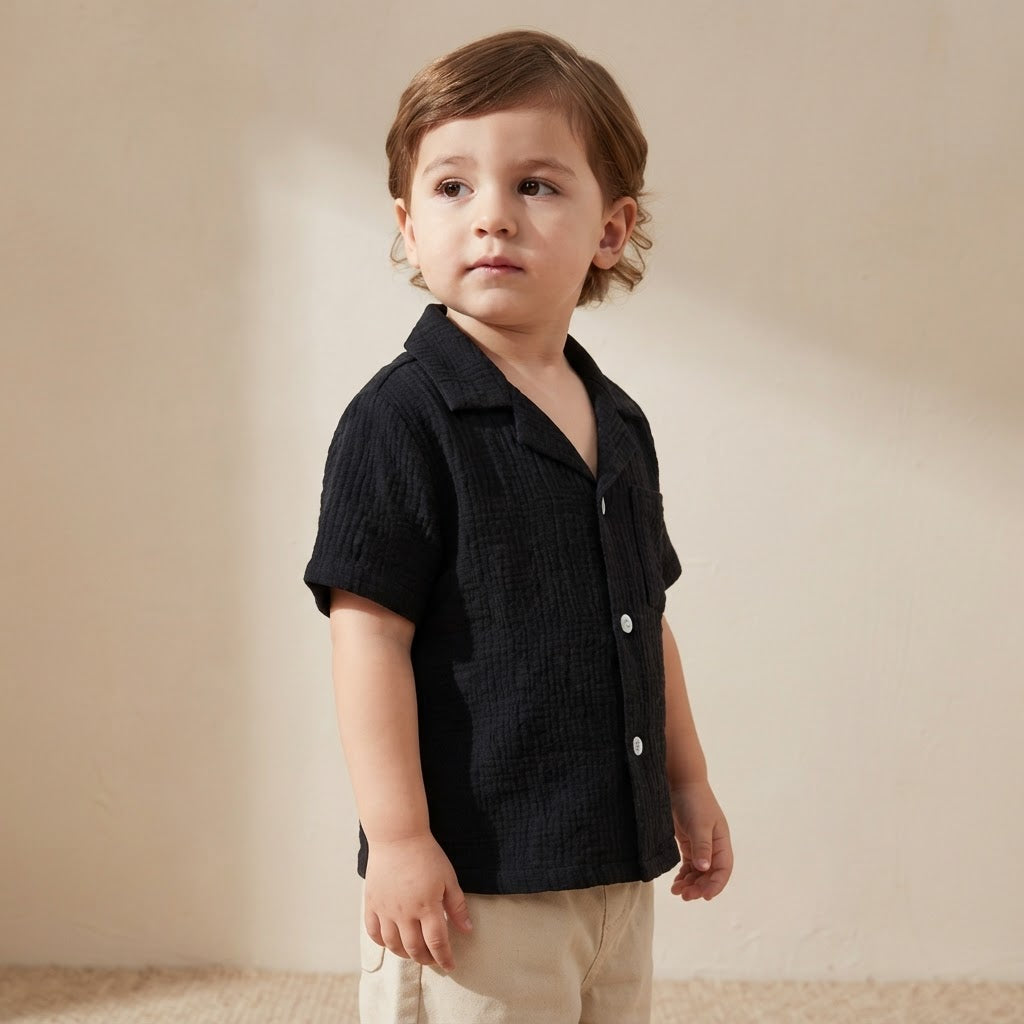 SHEIN SHEIN Black Crinkle Gauze Camp Collar Toddler Shirt