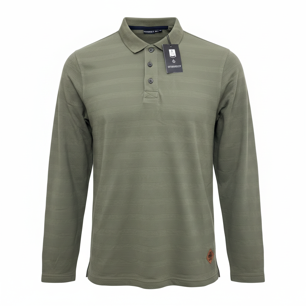 LIVERGY Men's Long Sleeve Textured Olive Green Polo Shirt