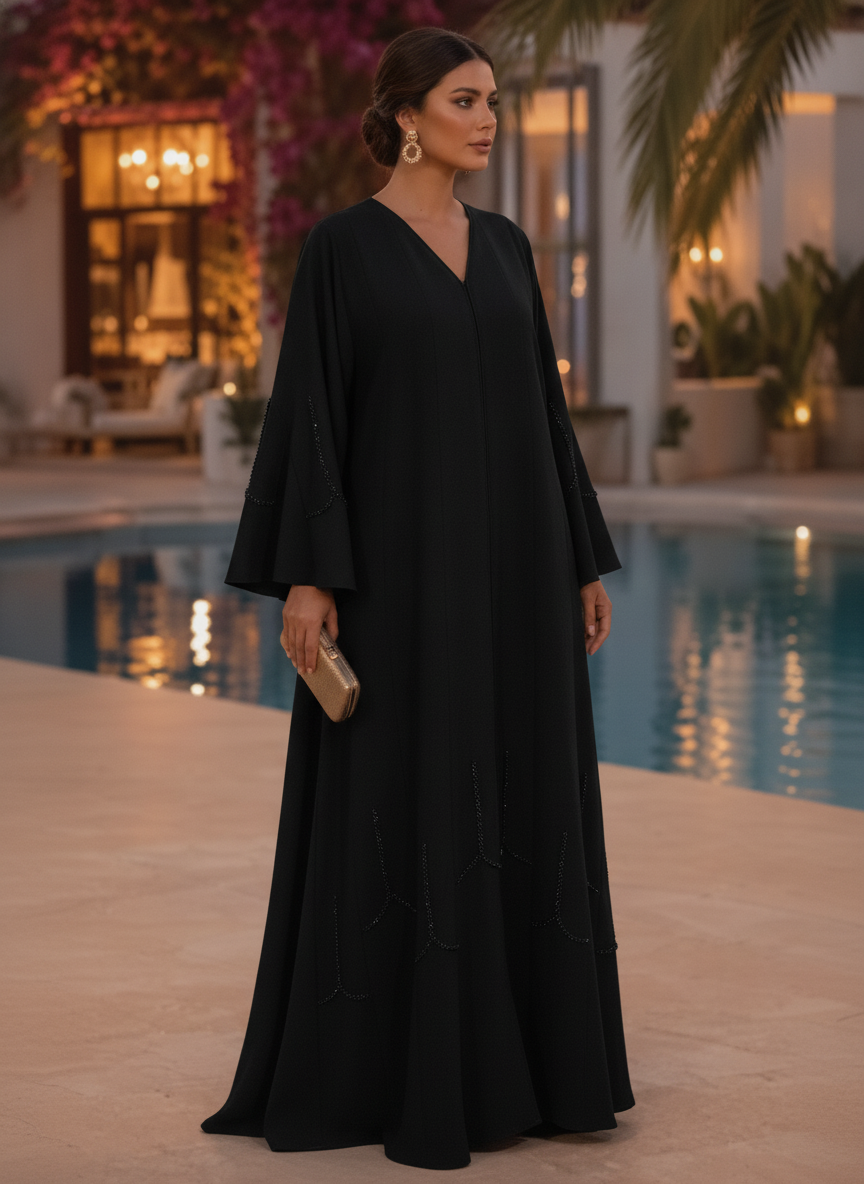 SHADER Deep Navy Black Crepe Abaya with Beaded Butterfly Cuf