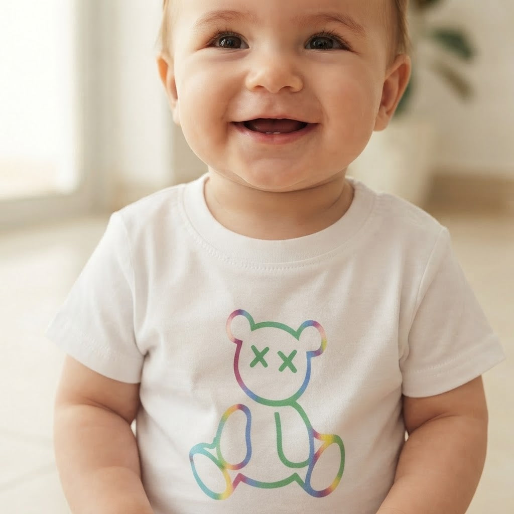 SHEIN White Infant T-Shirt with Rainbow Outline Bear Graphic