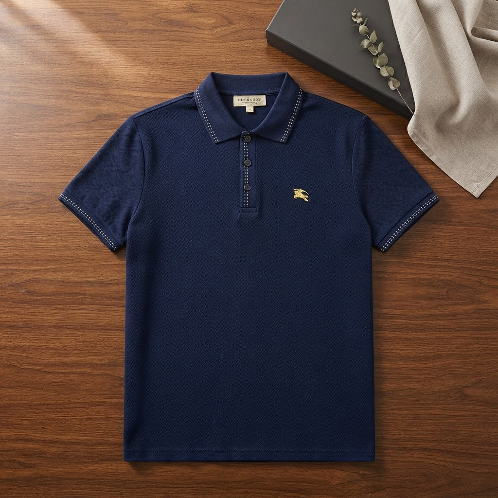 Burberry Navy Blue Tipped Cotton Polo Shirt with Gold Embroi