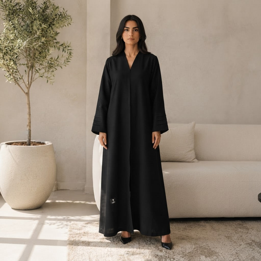 Cervo Black Open-Front Abaya with Structured Banded Cuffs