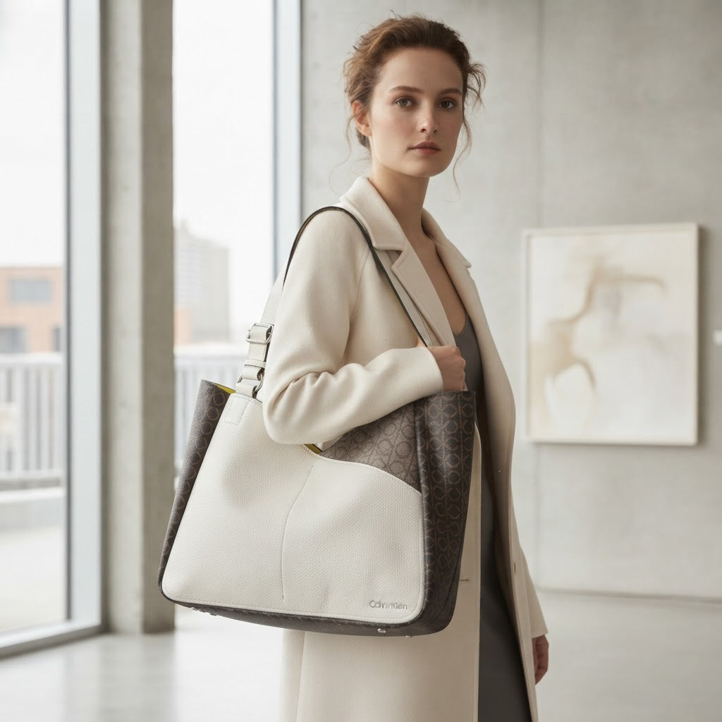 Calvin Klein Calvin Klein White Grained Monogram Tote