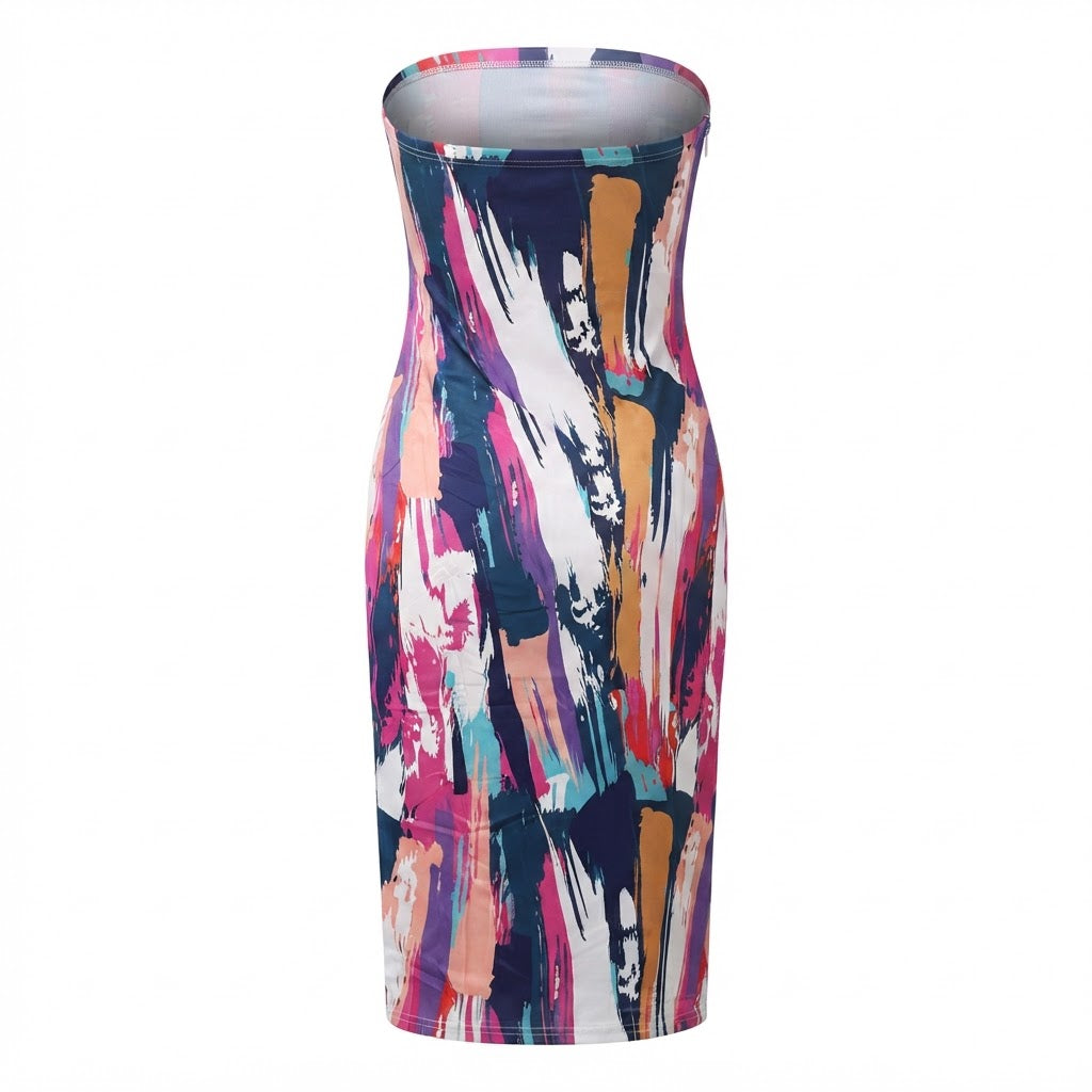 SHEIN Multi-color Abstract Print Strapless Midi Tube Dress
