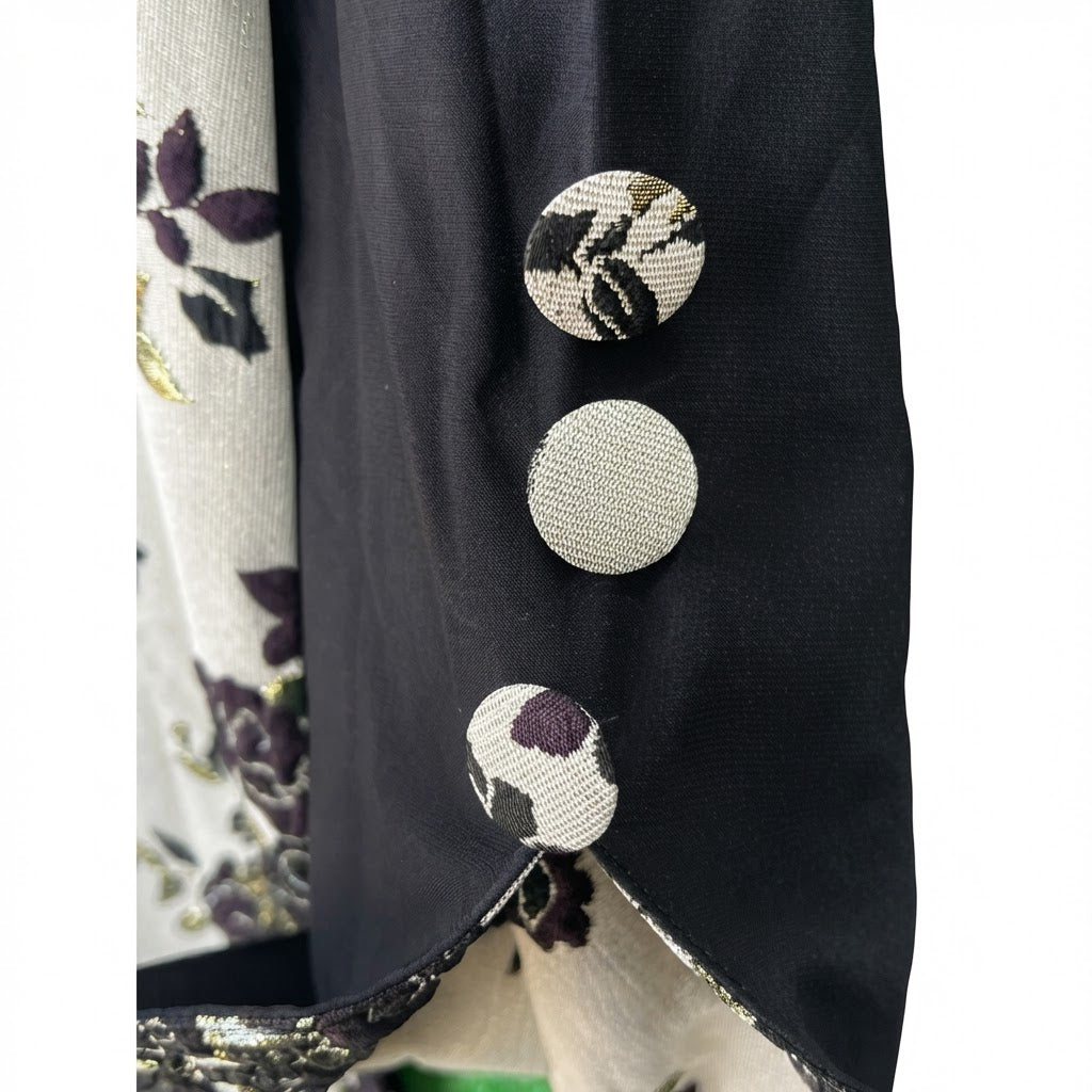 Women's Black and Silver Floral Patterned Long Abaya