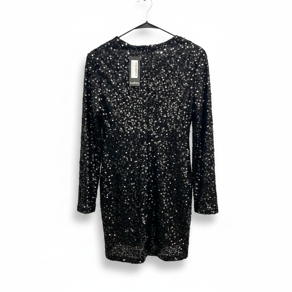 Boohoo Black Sequin Plunging V-Neck Mini Dress