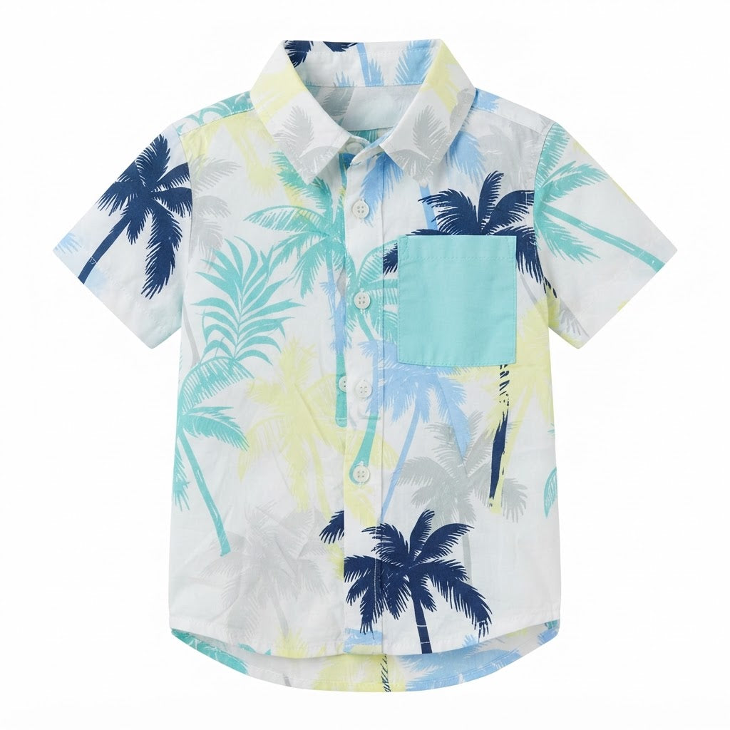 Boys Tropical Palm Tree Print Short Sleeve Button-Down